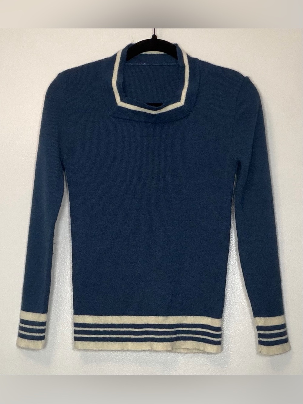 70s Vintage Women's Navy Cowl Sweater with Cream Stripe Trim